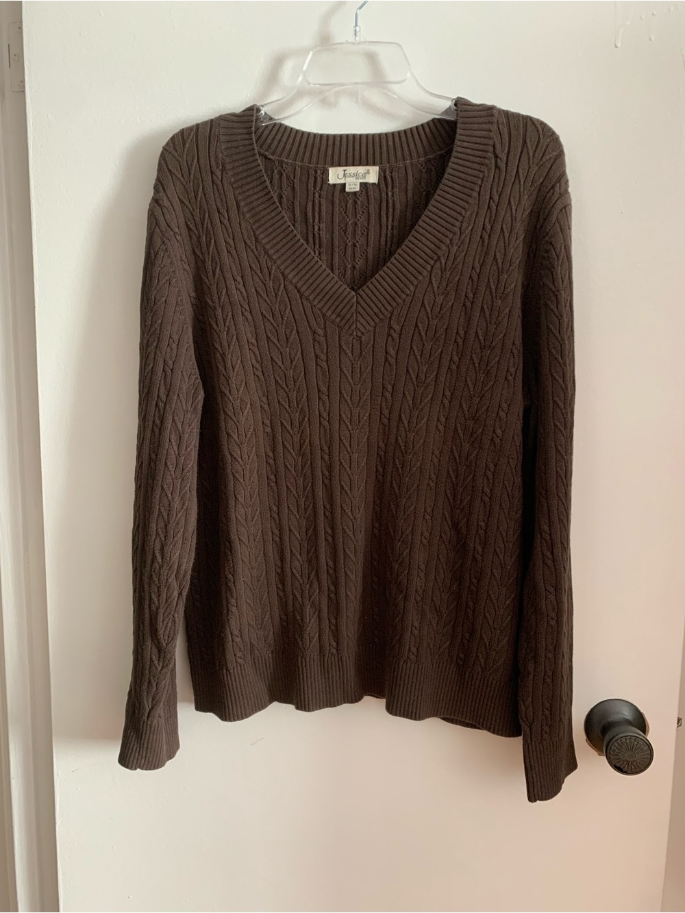 Jessica , Women's Cotton blend Brown Cable V-Neck Sweater